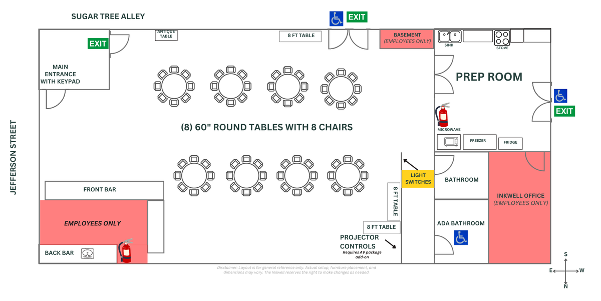 Floor plan of The Inkwell showing the standard 64-seat layout, ADA bathroom, entrances and exits, restricted areas, fire extinguishers, and projector controls.